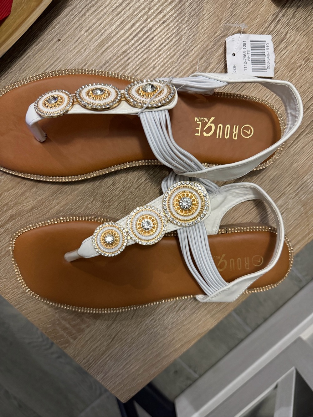 Rouge Helium White and Gold Beaded T-Strap Sandals